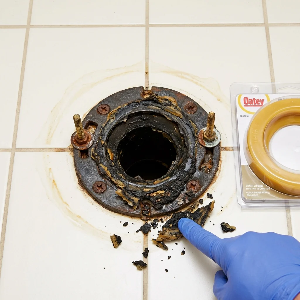 Failed wax ring showing water seepage at the base of a toilet in a Buffalo, OK home