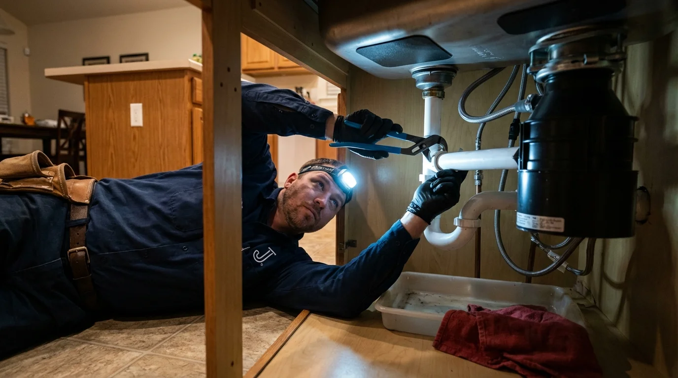 P-trap and supply line connections under a kitchen sink showing a common leak point in Buffalo, OK